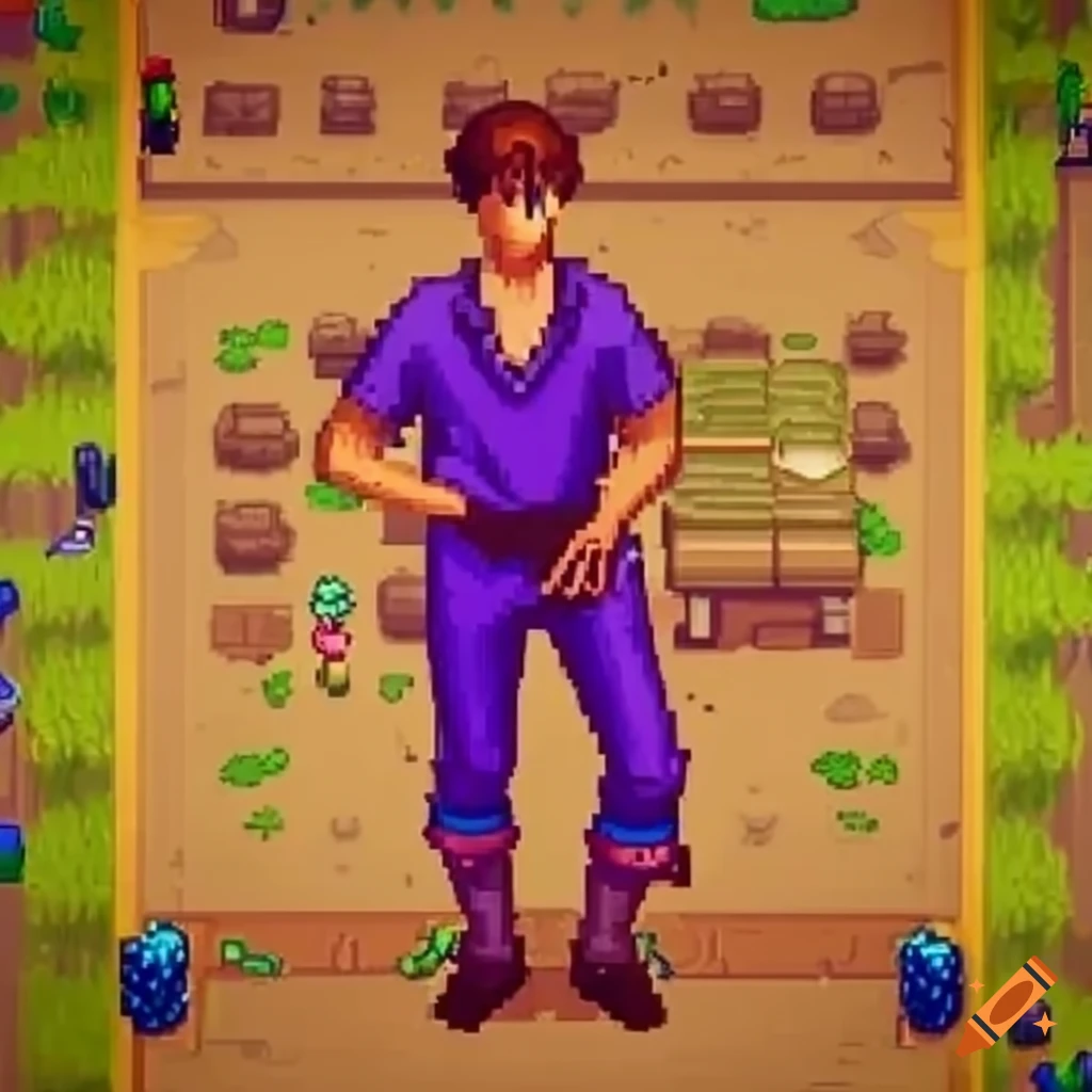 Male Stardew Valley farmer in a purple 80s dance outfit beside a happy pig