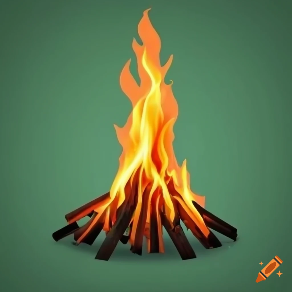 Tall thin bonfire flame on a monochrome medium-green background