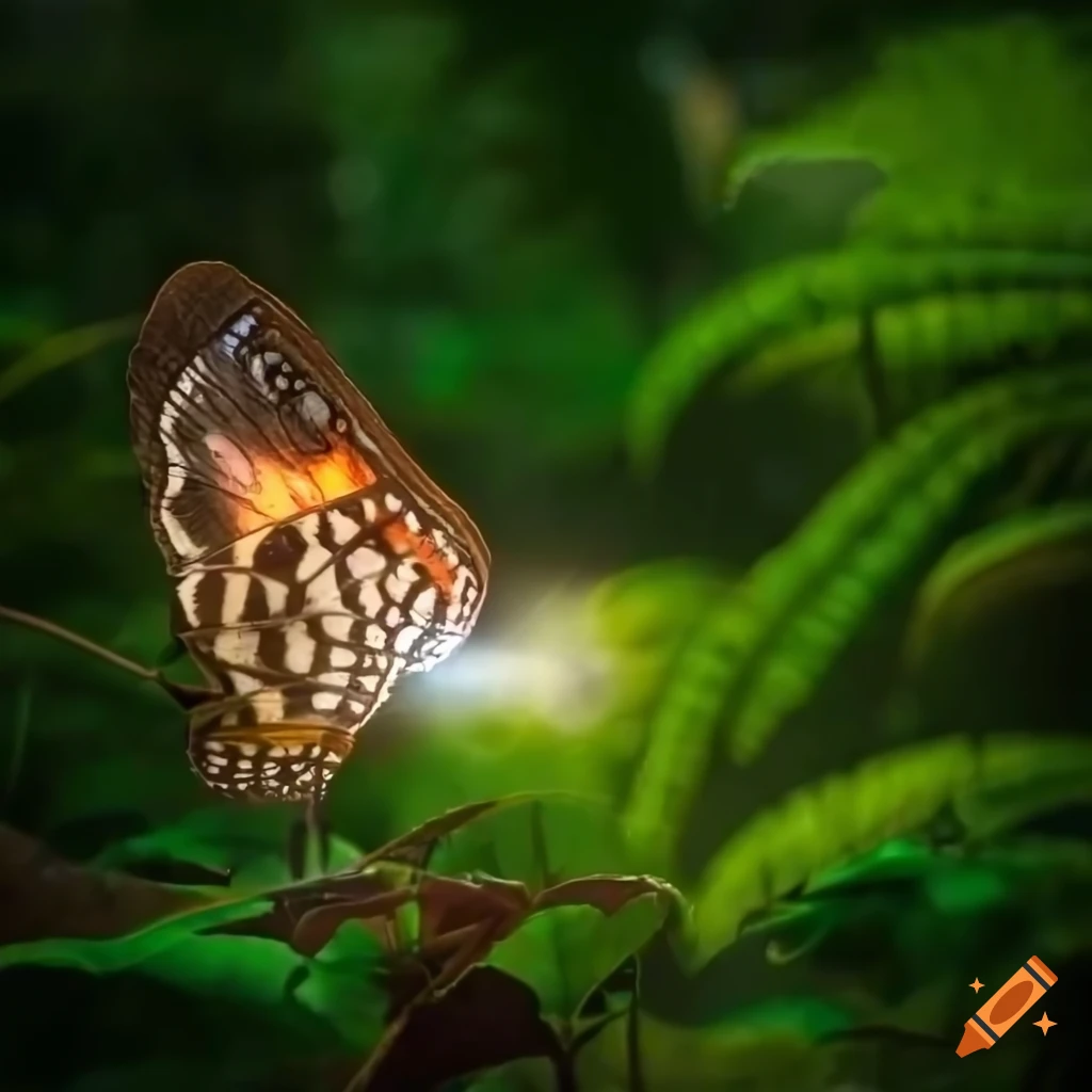 Rainforest clearing at dusk with glowing butterfly landing on a flower