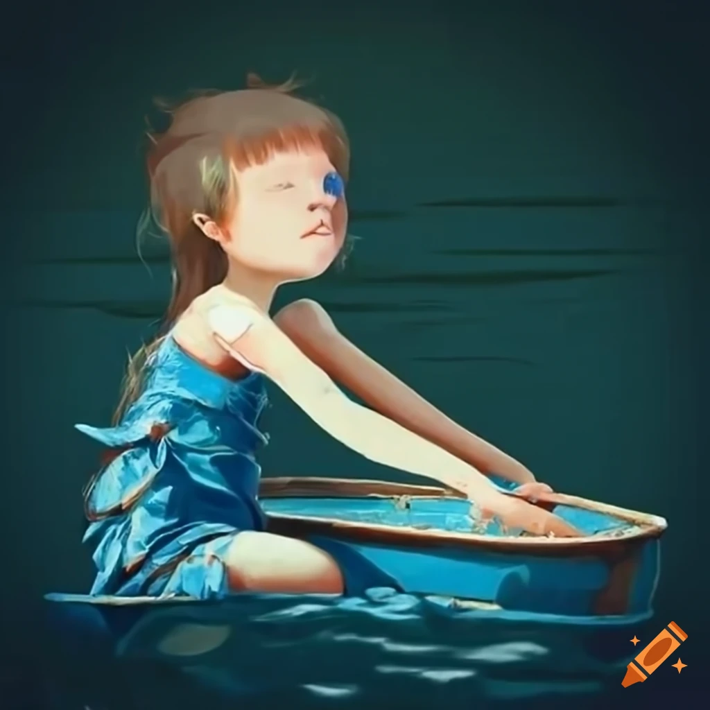 Blind child in colorful rag dress on a floating boat