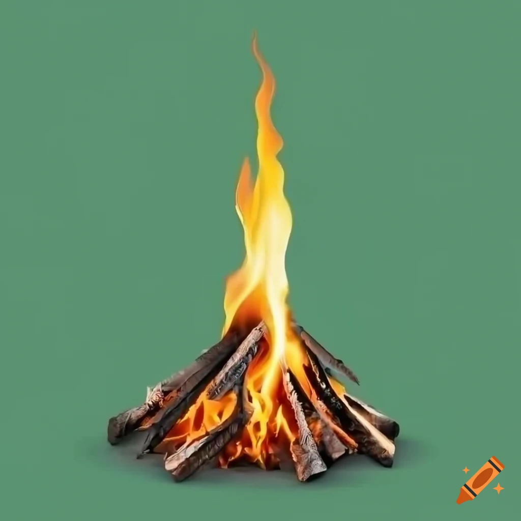 Tall thin bonfire flame on a monochrome medium-green background