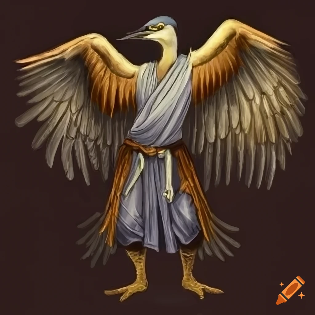 Anthropomorphic heron in monk garb practicing martial arts on Craiyon