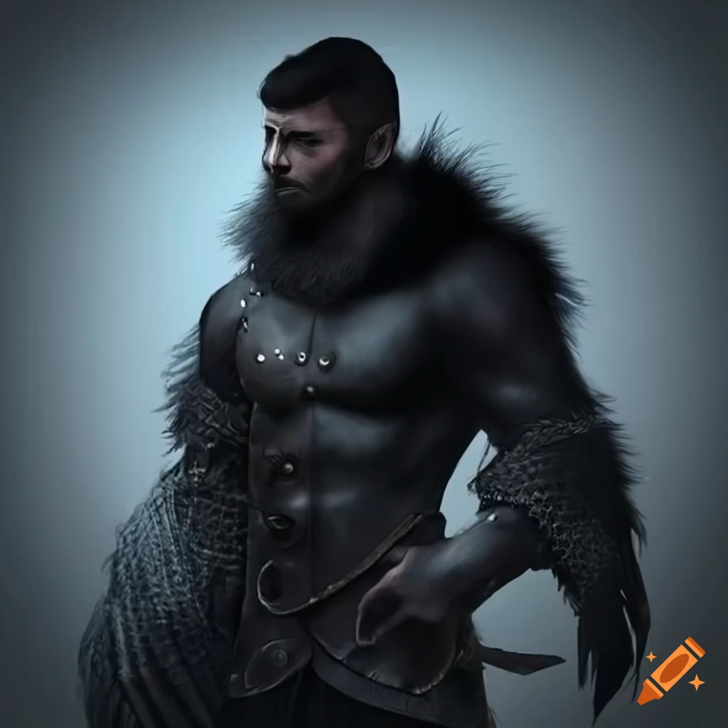 Muscular man in black leather armor with wolf fur cape on Craiyon