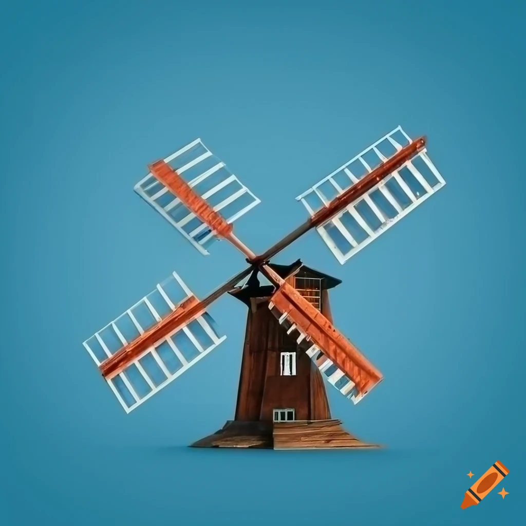 Elegant wooden windmill with symmetrical blades on blue background