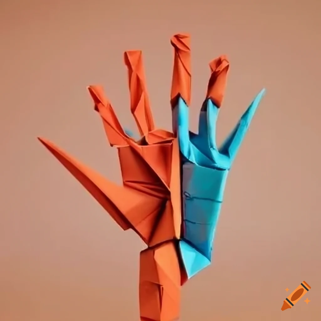 Detailed warm-colored origami hand sculpture with five fingers