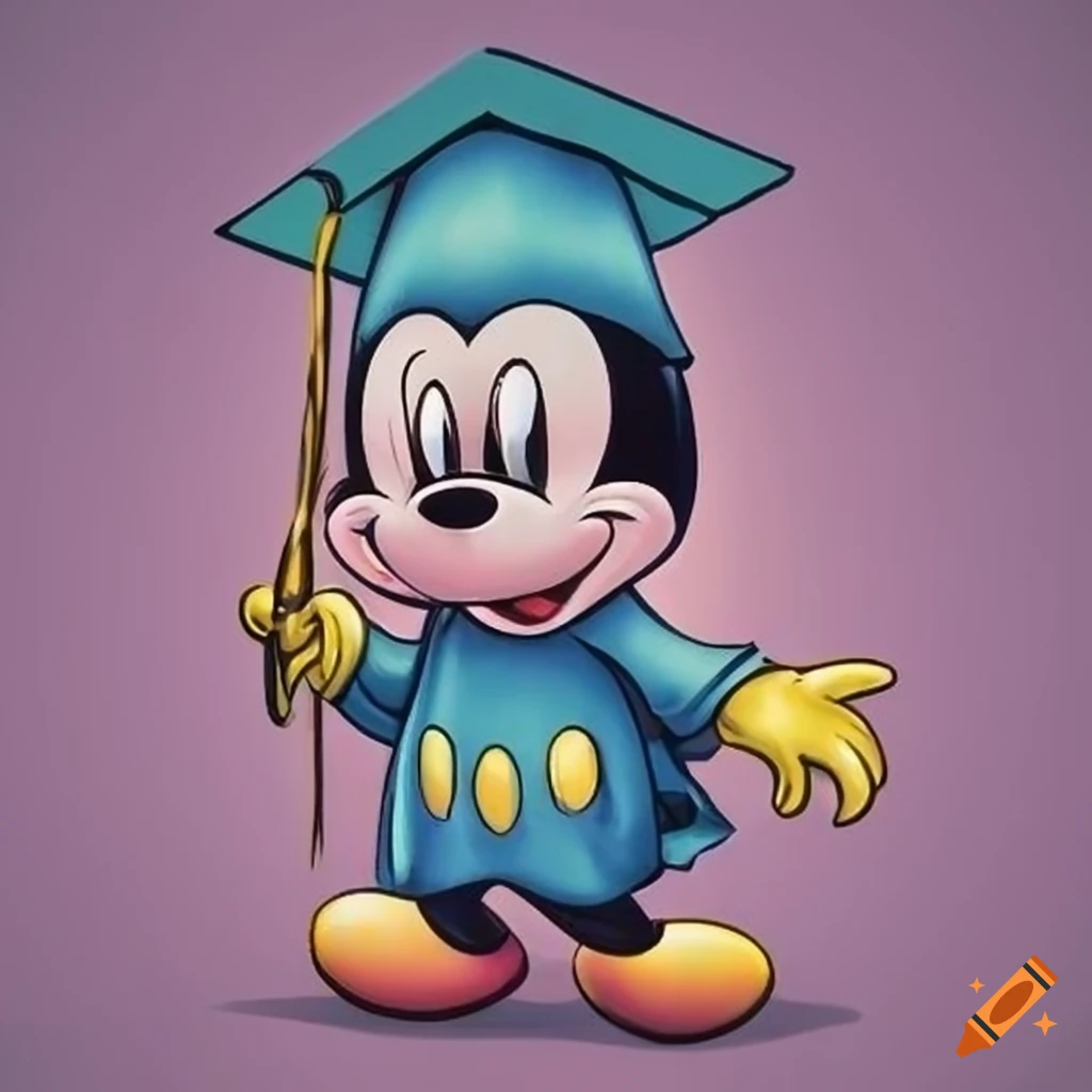 Mickey Mouse in cap and gown with text Grad 24 on button design