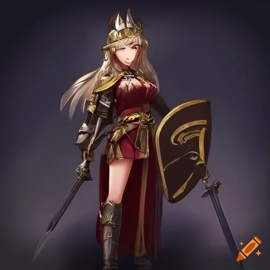 Anime female medieval marshal in royal military uniform with weapon