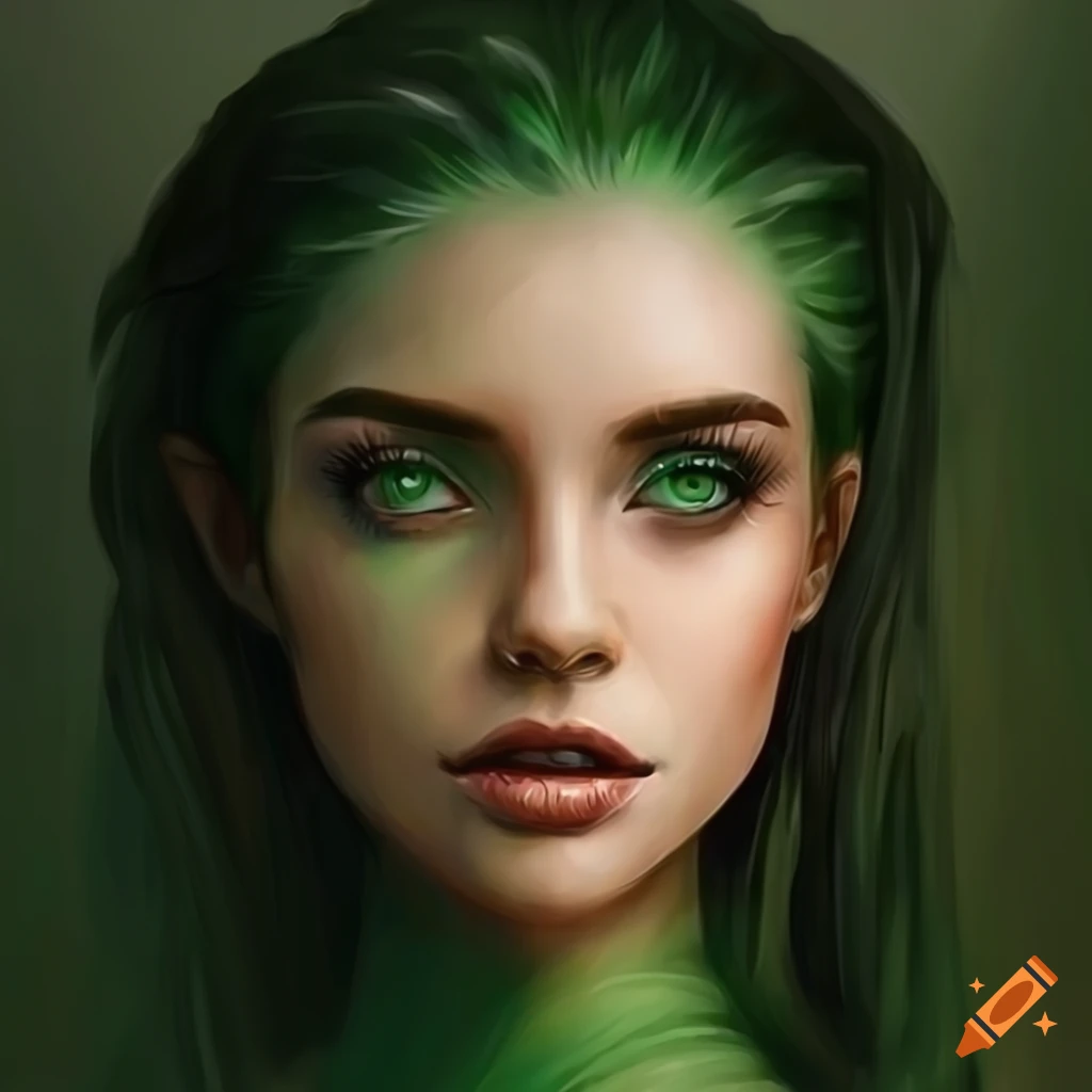 Realistic woman portrait with green hair and green eyes on Craiyon