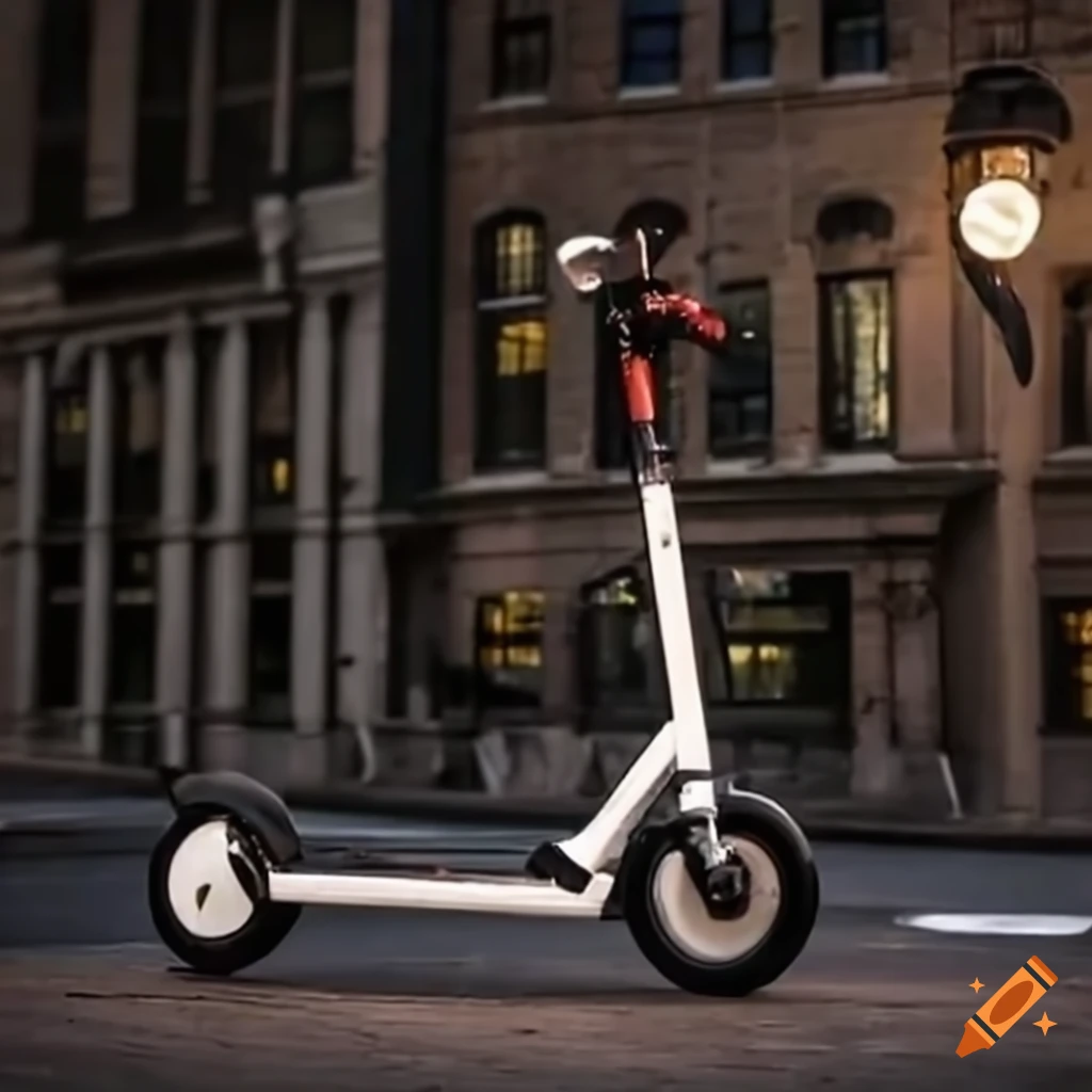 Electric scooter standing in a ghostly city resembling New York at night