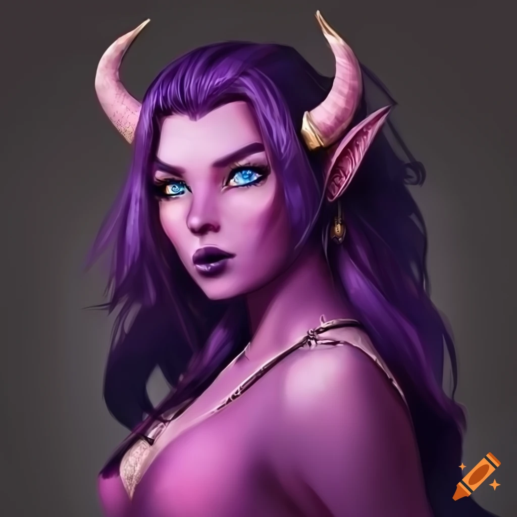 Female tiefling rogue with dark purple hair, pink skin, and blue eyes