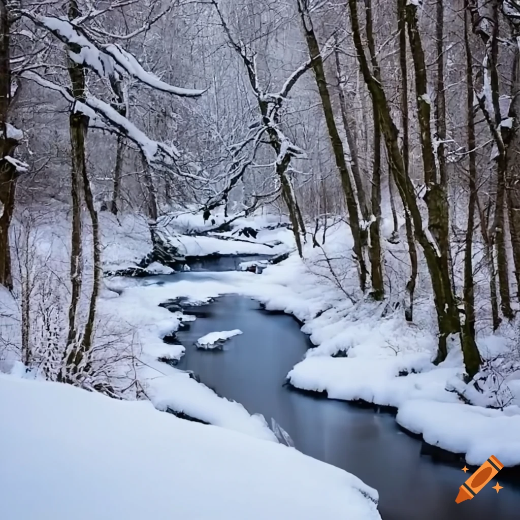 Winter forest with a river flowing through it on Craiyon