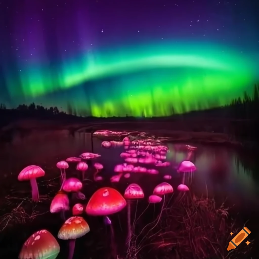 Futuristic glowing tree with colorful mushrooms under the Aurora Borealis