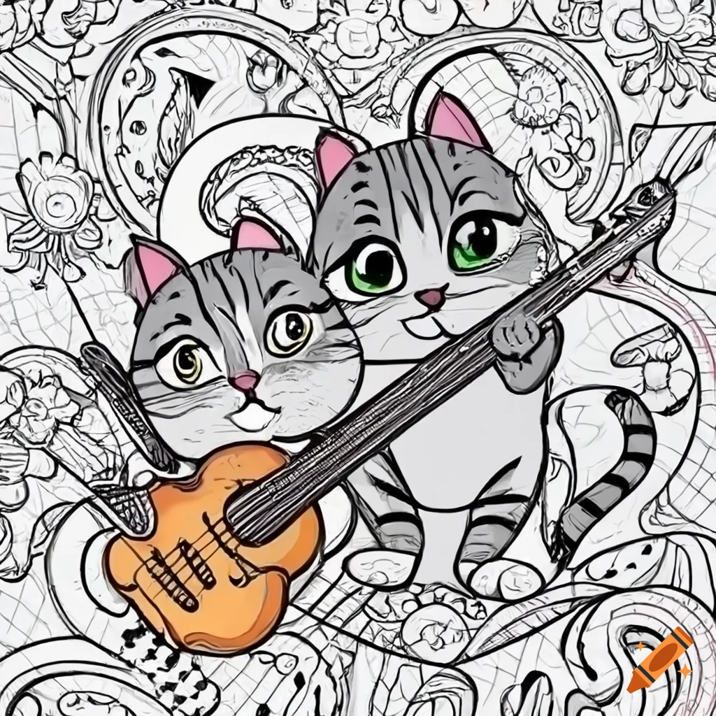 Coloring book page of cute kittens playing musical instruments