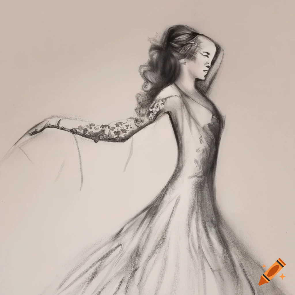 Elegant woman twirling in a lace gown depicted in charcoal drawing