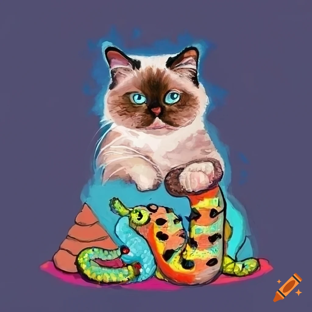 Colorful depiction of a cute ragdoll cat with a snake in front of a miniature pyramid