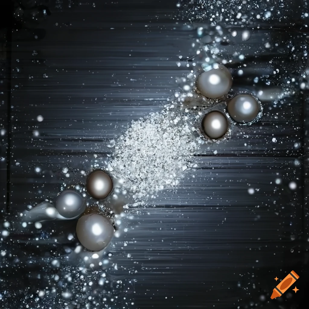 Shiny pearl white glitters exploding on metallic white background