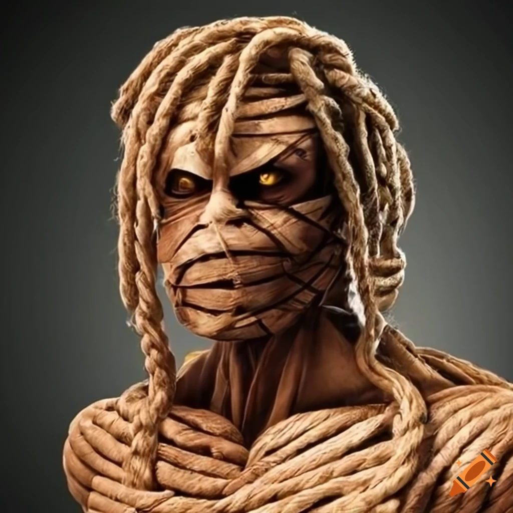 Superhero with a rope body and mummy-like face and dreadlocks
