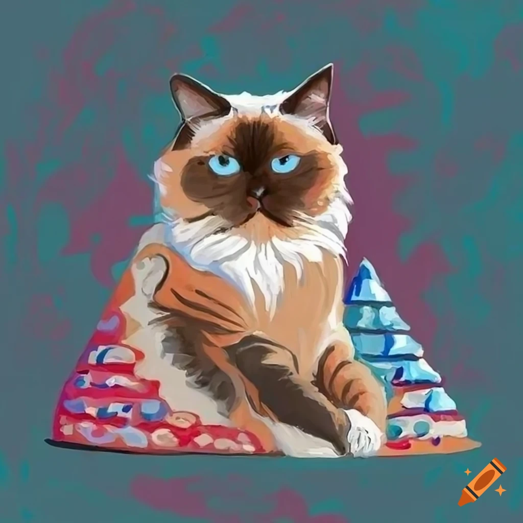 Colorful depiction of a cute ragdoll cat with a snake in front of a miniature pyramid