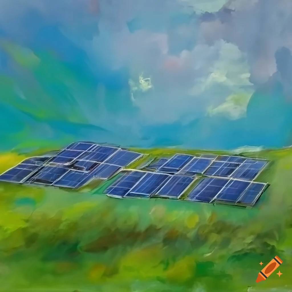 Panoramic view of solar panels, power plants, and green landscape under blue skies in impressionist style