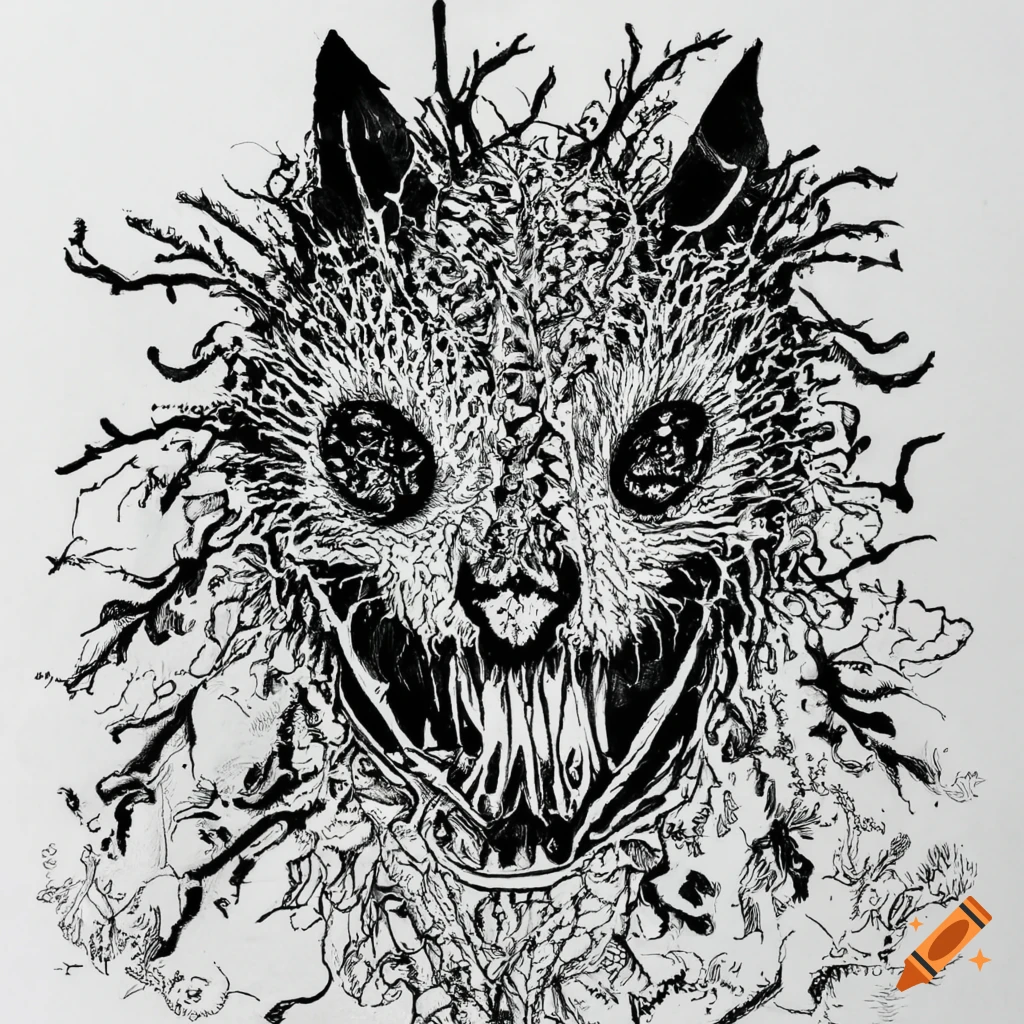 Intricately-detailed black ink forest creature with a mischievous grin ...