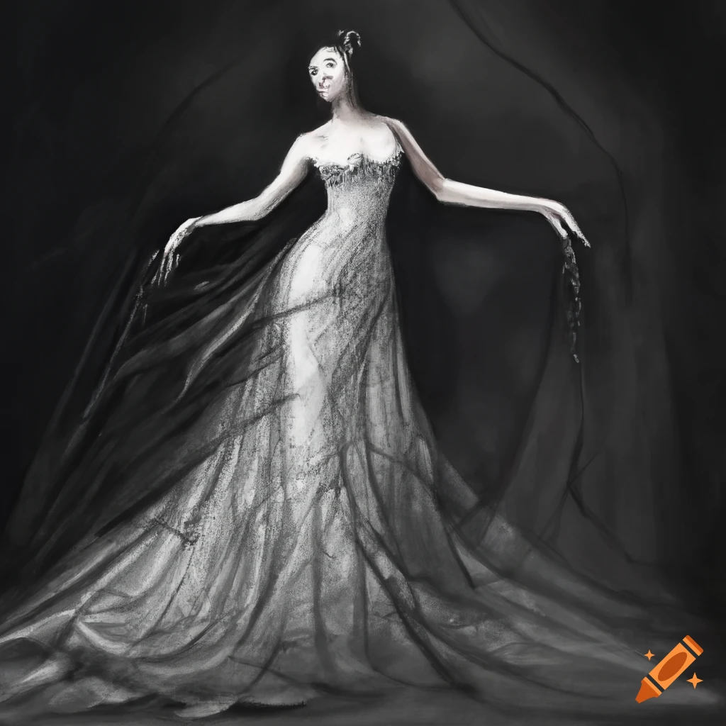 Elegant woman twirling in a lace gown depicted in charcoal drawing