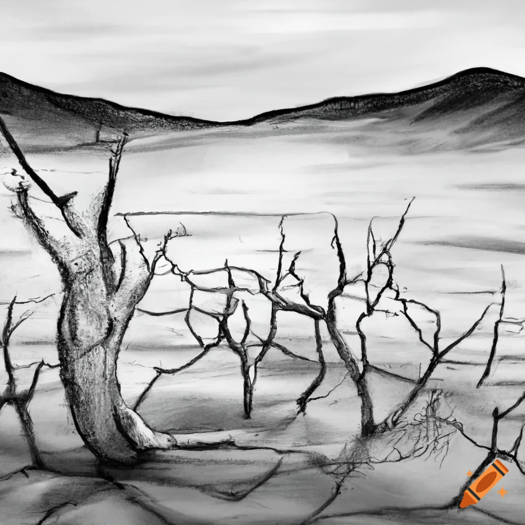 Drought lake depicted in charcoal art in black and white