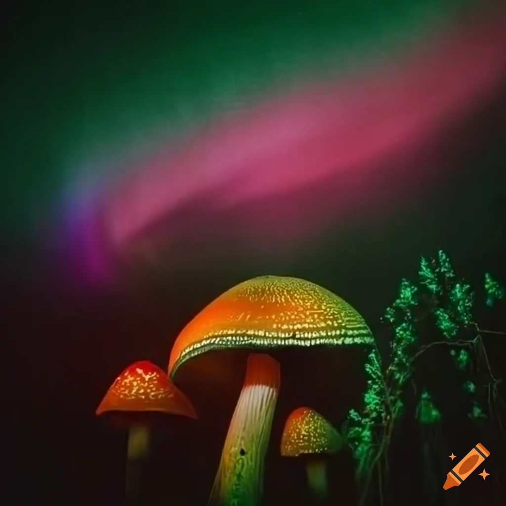 Ethereal tree and glowing mushrooms under the northern lights
