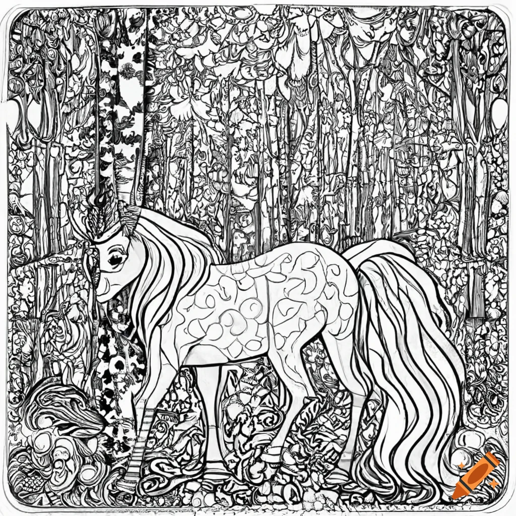 Coloring book page of a mystical unicorn in a forest with intricate