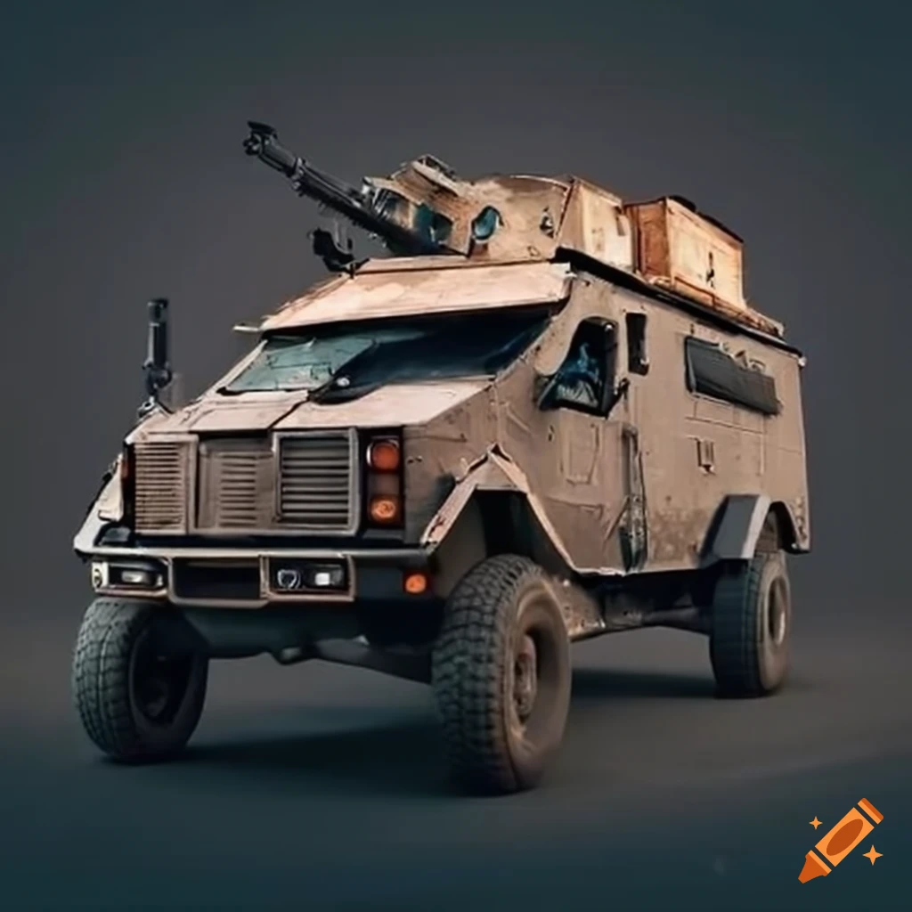 Armored van with rooftop gun in an apocalypse style setting