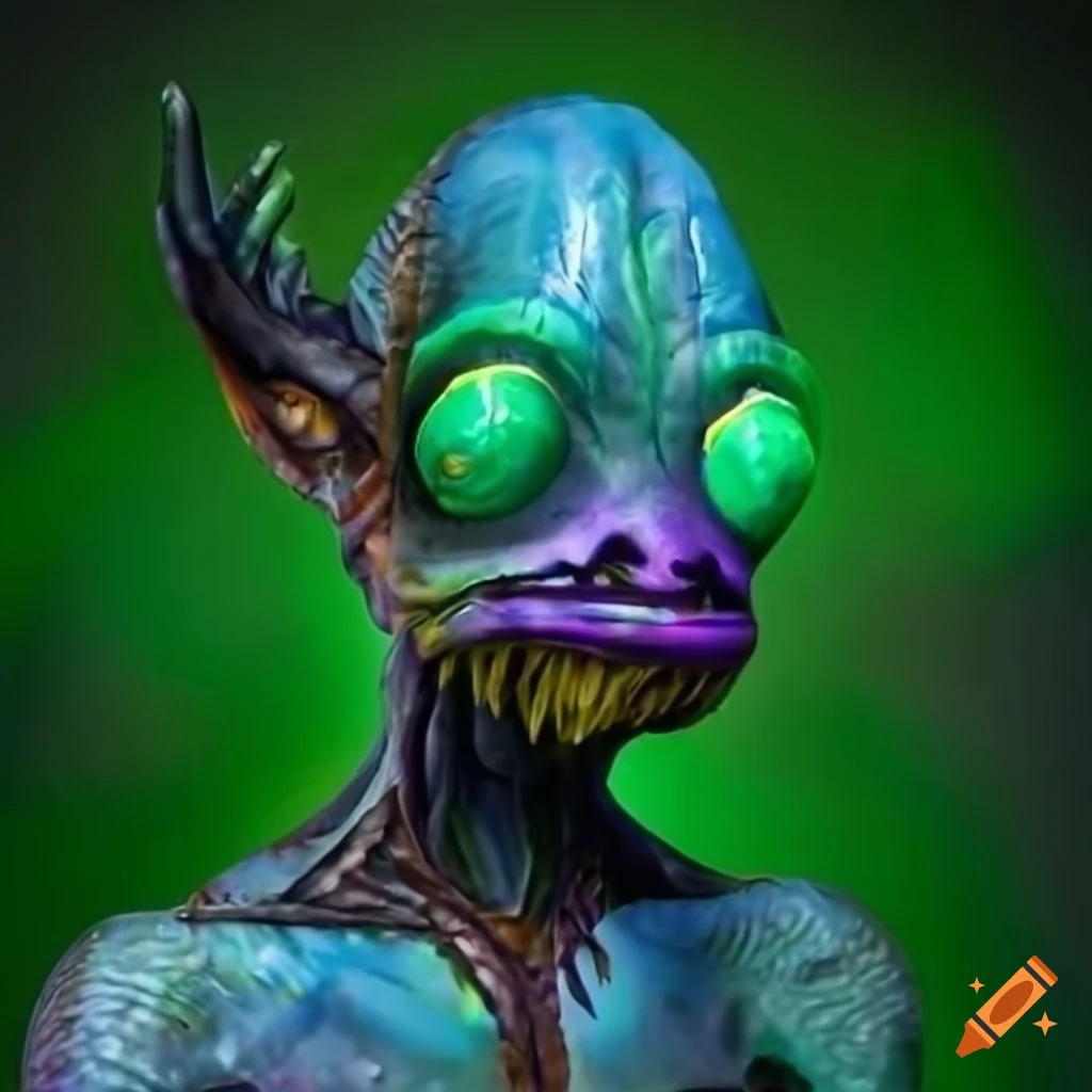 Abe from Oddworld as a 200-year-old shaman made from holographic green glass