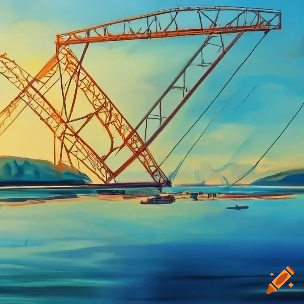 Surreal Dali-style painting of a collapsing truss bridge over open space
