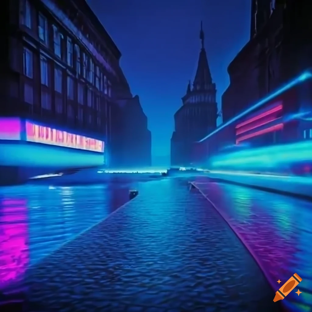 Berlin 1984 in retrowave and vaporwave style with blue predominance