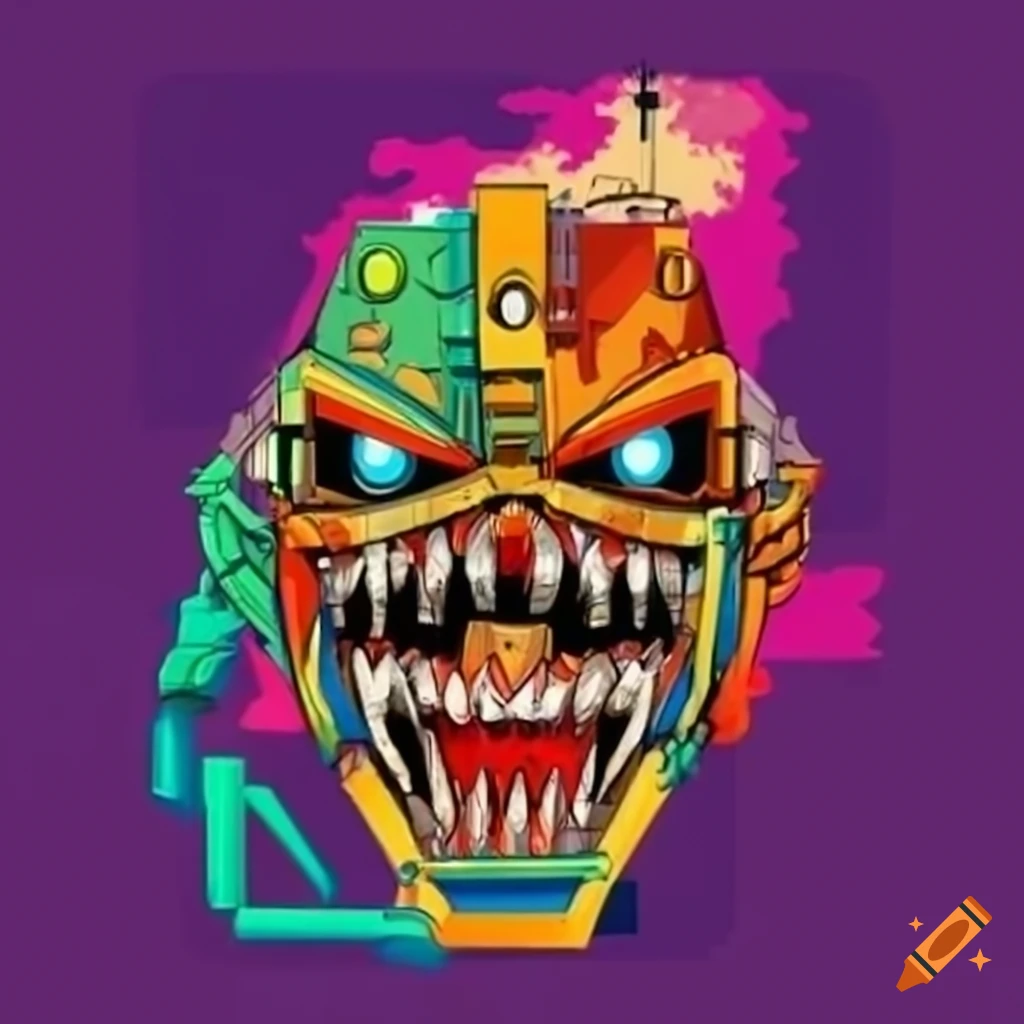 Reimagined Eddie the Head from Iron Maiden as a mechanized giant in urban landscapes