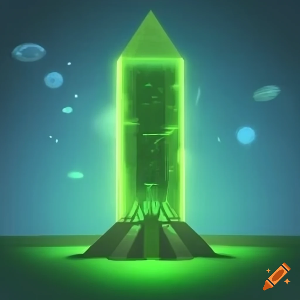 Metatron as a human on a green glowing monolith in isometric view