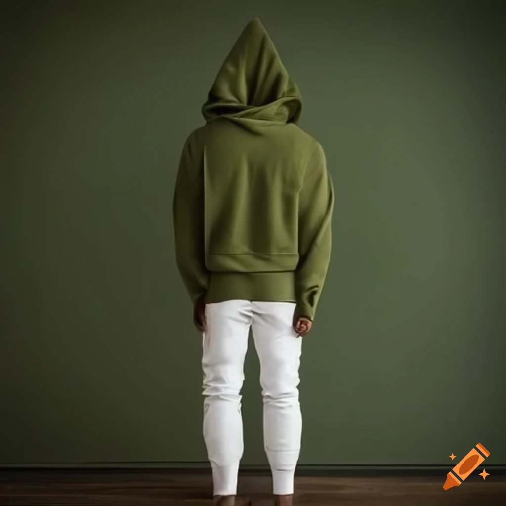 Men in olive green hoodie, white trousers, and brown boots