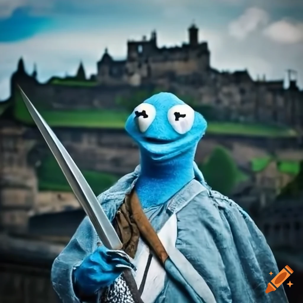 Kermit the frog dressed as Braveheart with a broadsword in front of Edinburgh Castle