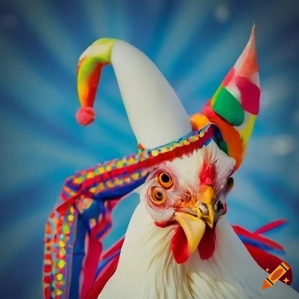White Jester chicken wearing a colorful hat on a starburst background
