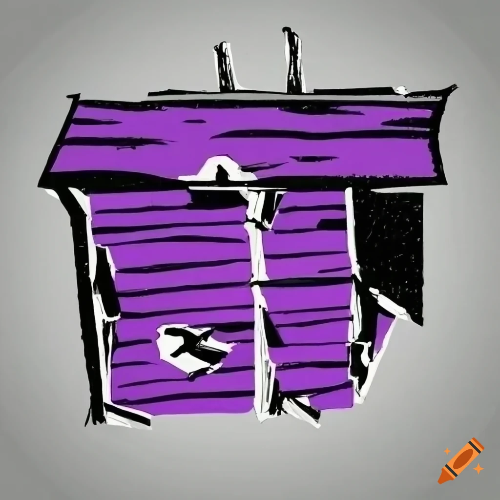 Minimalist drawing of a damaged old cottage in purple, black, and white