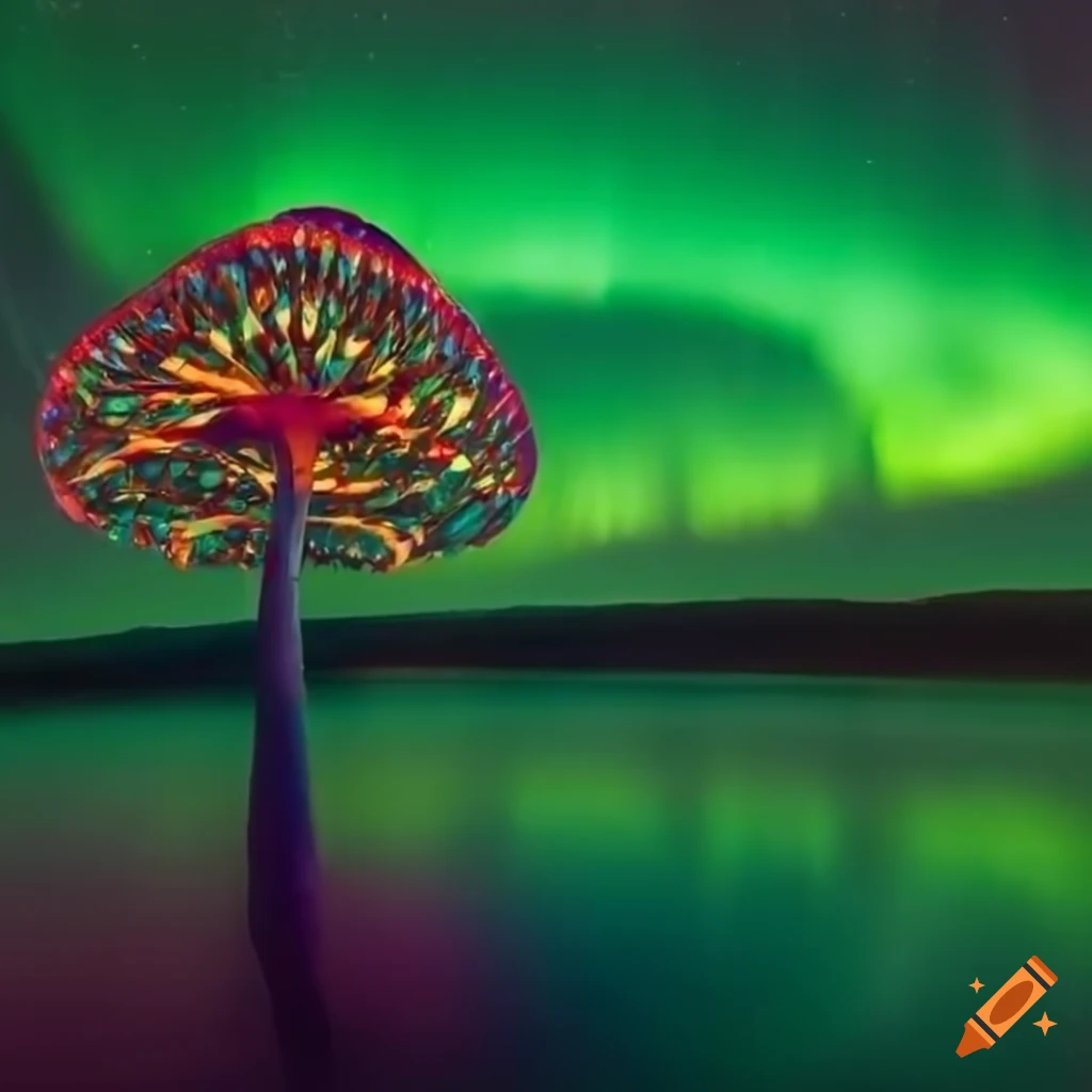 Futuristic glowing tree with colorful mushrooms under the Aurora Borealis