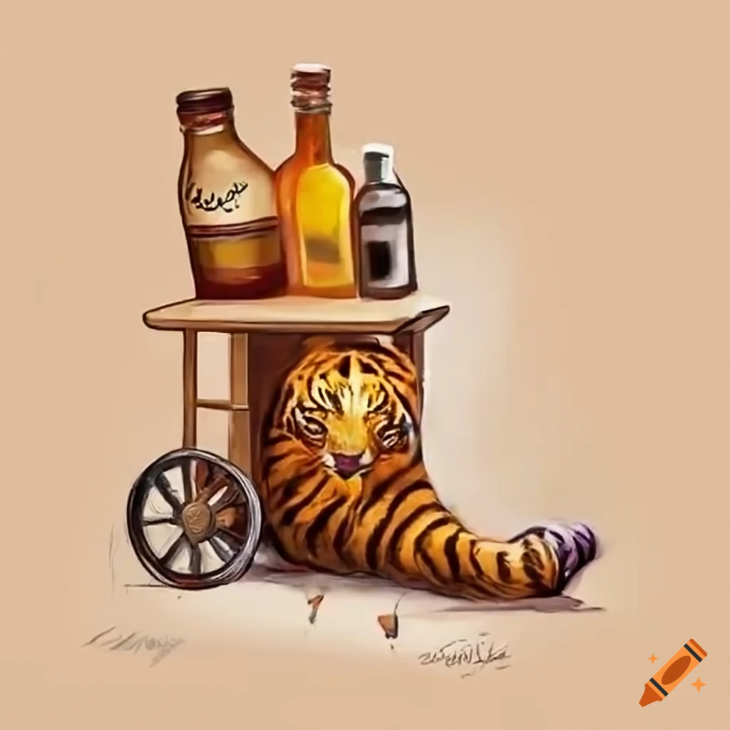 Tiger stocking liquor bottles on a bar cart