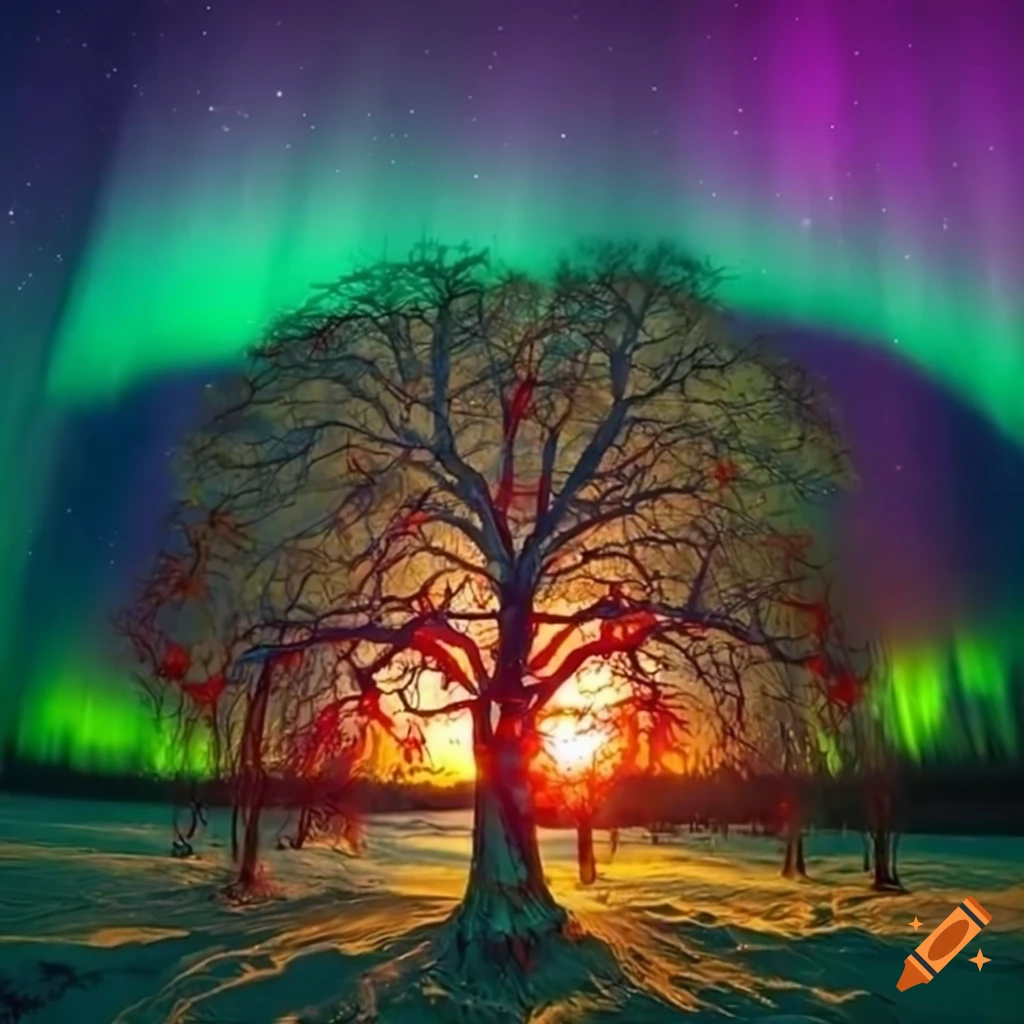 Surreal cyborg tree with colorful mushrooms under the northern lights
