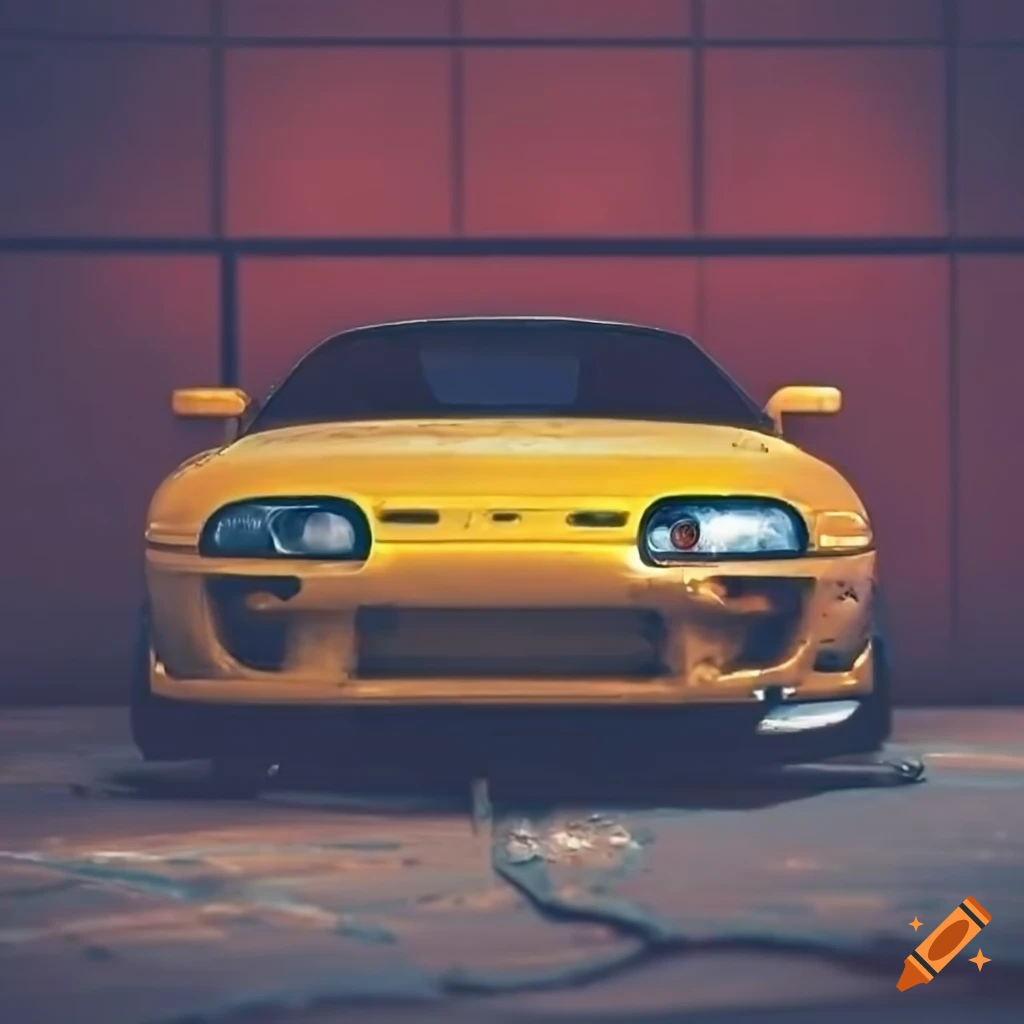 Yellow and black Supra MK4 in a rustic red brick garage with some upgrades