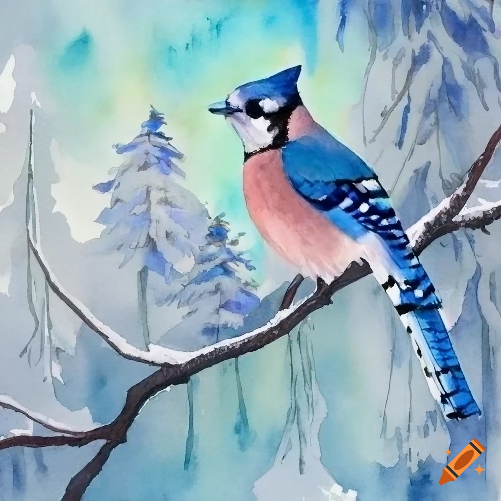 Serene winter scene with a pine tree, blue jay, snow, and twilight ...