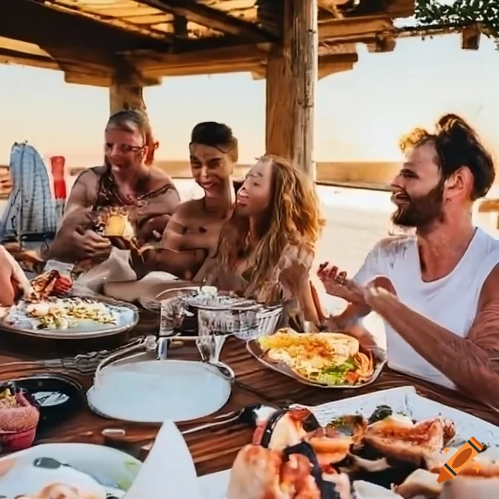 Joyful backyard beach barbecue gathering with friends and a chef