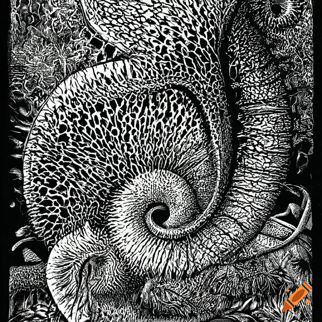 Intricate black and white etching with surrealist twist depicting childhood trauma as carnivorous plant