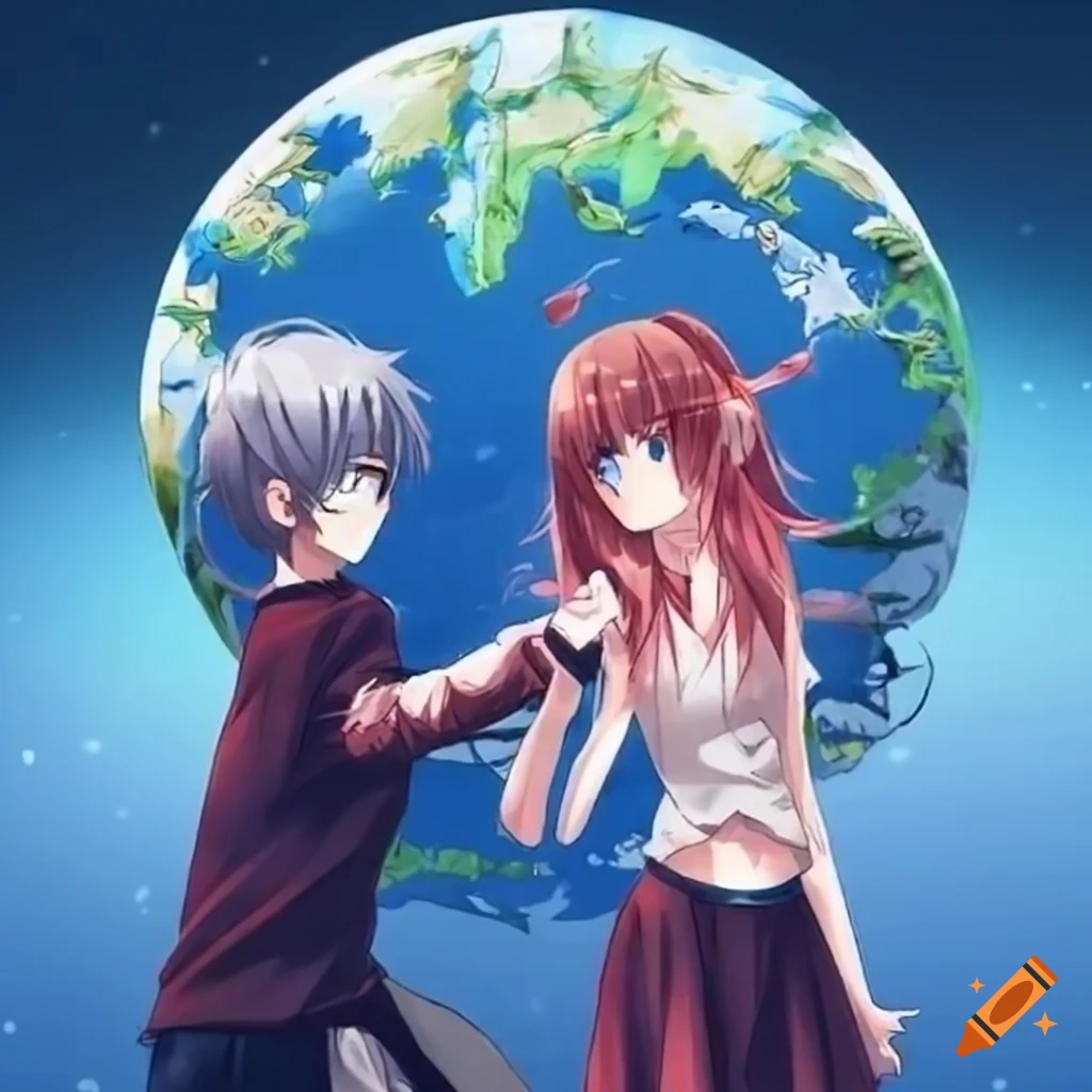 Anime couple standing united against the world on Craiyon