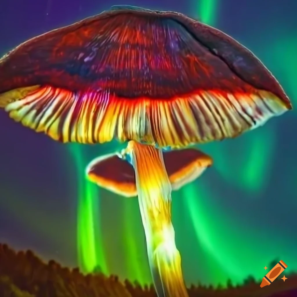 Surrealist painting of luminous tree and vibrant mushrooms under Aurora Borealis