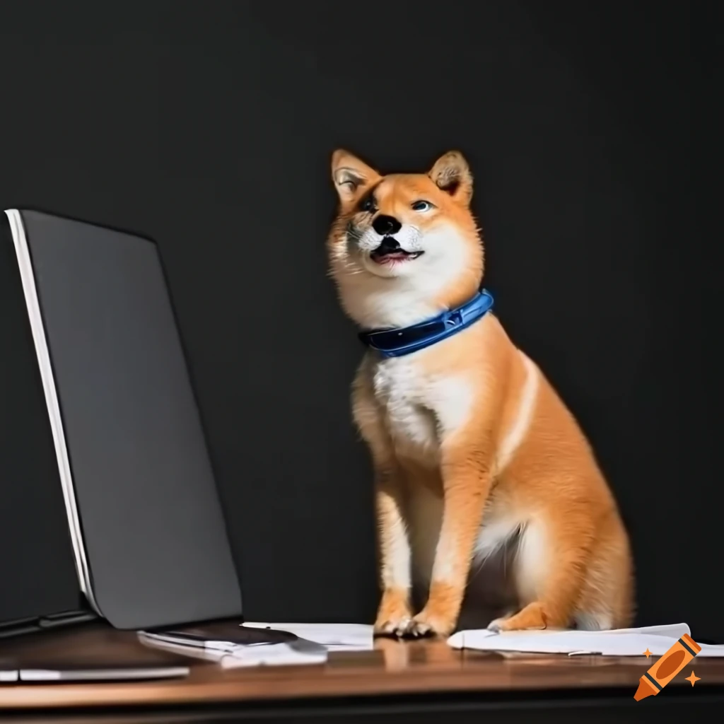 Cute and feminine Shiba Inu in business attire managing documents at a desk
