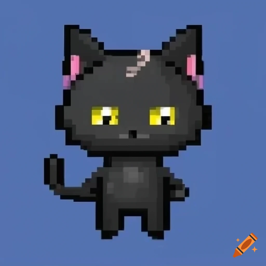Adorable black chibi feline character with expressive eyes in pixel art style