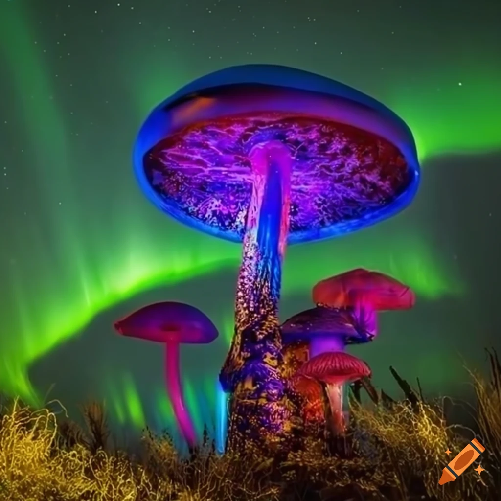 Futuristic glowing tree with colorful mushrooms under the Aurora Borealis